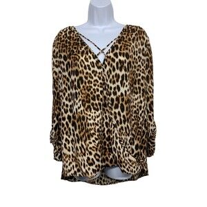NWT Bold Elements Women's size L Brown Animal Print Faux Wrap Blouse Open Sleeve